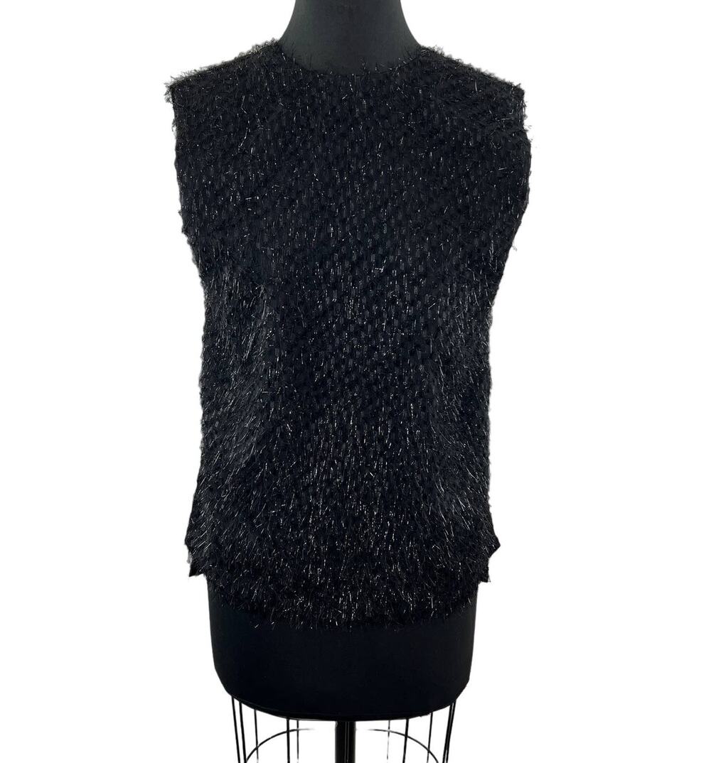 COS Black Silver Metallic Faux Fur Sleeveless Top Fuzzy Back Zip Party Evening 4